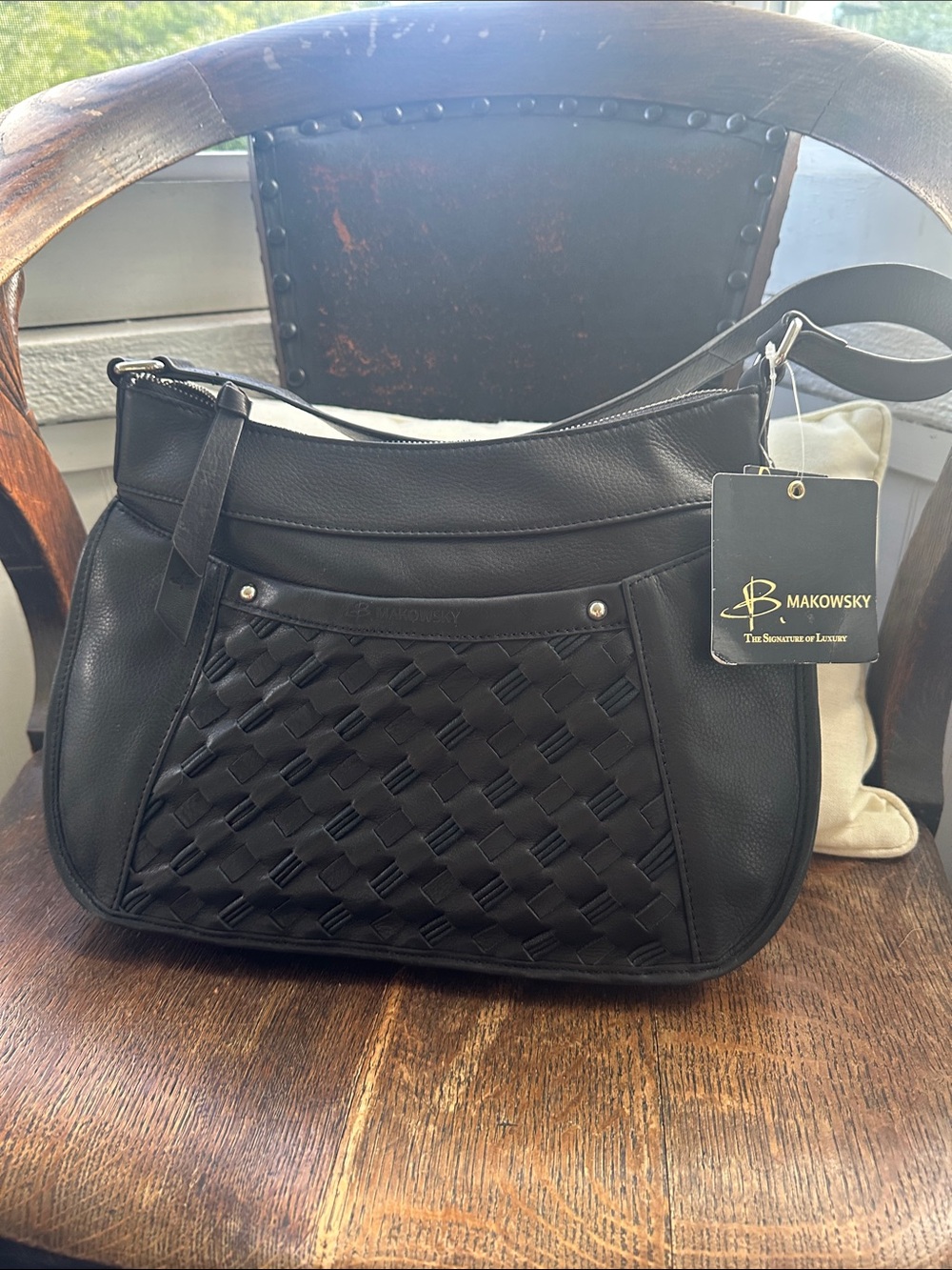NWT B. Makowsky Black Leather Welly Hobo Bag Woven Detail